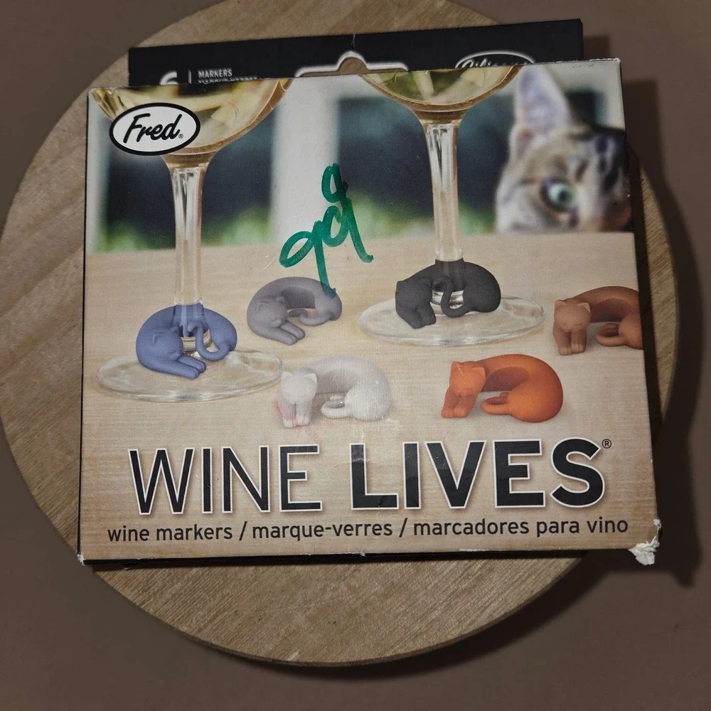 Fred & Friends Wine Lives Cat Wine Glass Markers Set of 6 Silicone Charms Multi